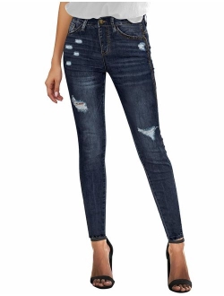 Utyful Women's Mid Rise Stretchy Skinny Jeans Button Slim Fit Ripped Denim Jeans