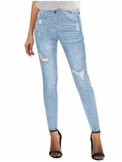 Utyful Women's Mid Rise Stretchy Skinny Jeans Button Slim Fit Ripped Denim Jeans