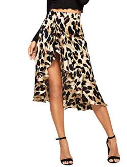 Women's Ruffle Trim High Split Leopard Print Midi Skirt