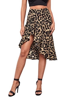 Women's Ruffle Trim High Split Leopard Print Midi Skirt