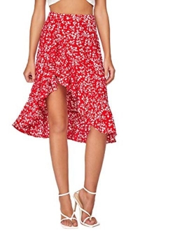 Women's Ruffle Trim High Split Leopard Print Midi Skirt