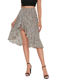 Women's Ruffle Trim High Split Leopard Print Midi Skirt