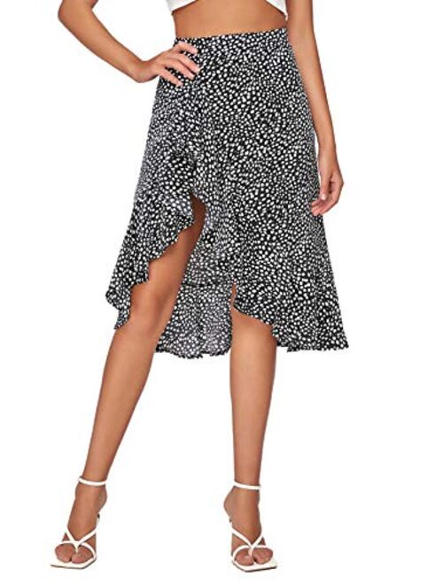 Verdusa Women's Ruffle Trim High Split Leopard Print Midi Skirt