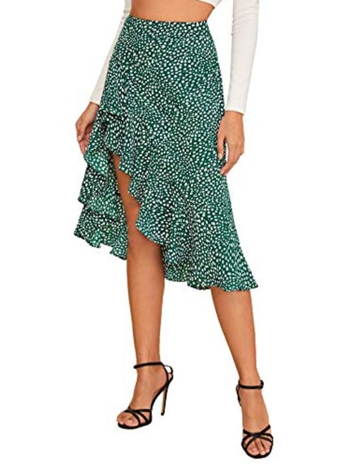 Verdusa Women's Ruffle Trim High Split Leopard Print Midi Skirt