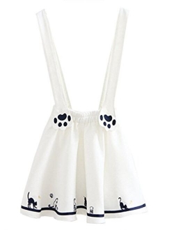 FUTURINO Women's Sweet Cat Paw Embroidery Pleated Mini Skirt with 2 Suspender