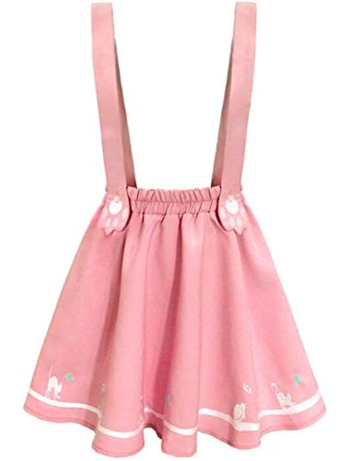 FUTURINO Women's Sweet Cat Paw Embroidery Pleated Mini Skirt with 2 Suspender