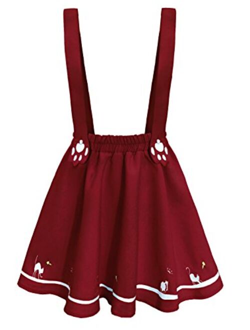 FUTURINO Women's Sweet Cat Paw Embroidery Pleated Mini Skirt with 2 Suspender