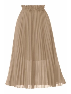 GOOBGS Women's Plisse Pleated A-Line High Waist Swing Flare Midi Skirt