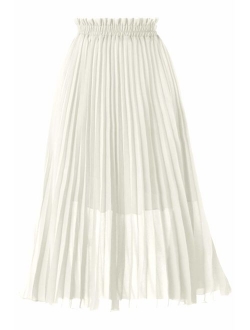 GOOBGS Women's Plisse Pleated A-Line High Waist Swing Flare Midi Skirt