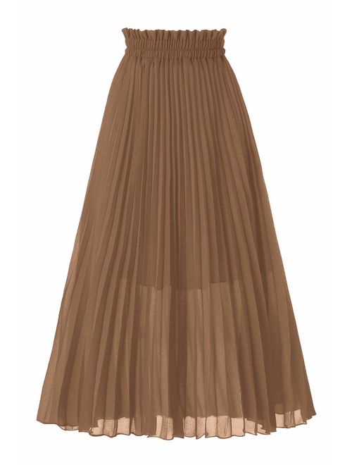 GOOBGS Women's Plisse Pleated A-Line High Waist Swing Flare Midi Skirt