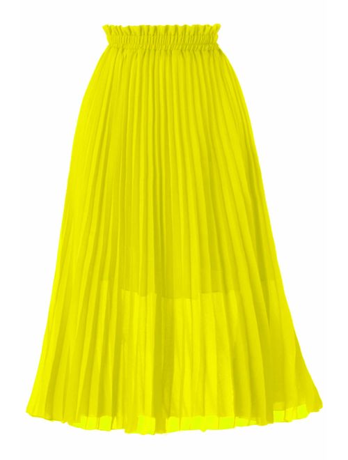 GOOBGS Women's Plisse Pleated A-Line High Waist Swing Flare Midi Skirt