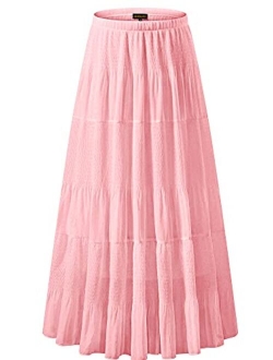 NASHALYLY Women's Chiffon Elastic High Waist Pleated A-Line Flared Maxi Skirts