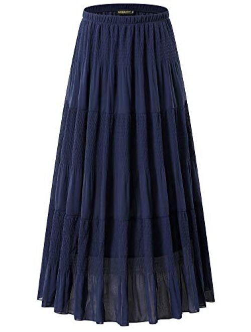 NASHALYLY Women's Chiffon Elastic High Waist Pleated A-Line Flared Maxi Skirts