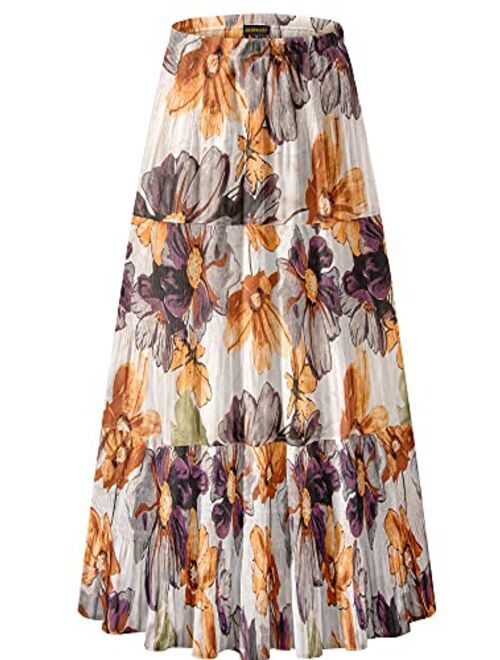 NASHALYLY Women's Chiffon Elastic High Waist Pleated A-Line Flared Maxi Skirts