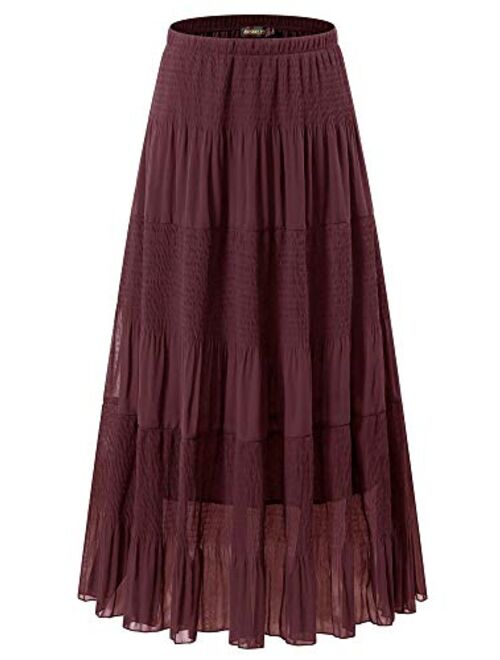 NASHALYLY Women's Chiffon Elastic High Waist Pleated A-Line Flared Maxi Skirts