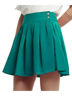 Women's Double Waist Side Buttons Pleated Skirt