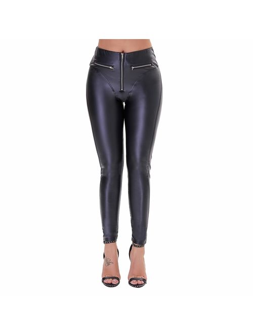 DALLNS Faux Leather PU Elastic Shaping Hip Push Up Pants Black Thick Sexy Leggings