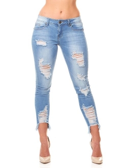 V.I.P. JEANS Women's Fray Hem Skinny Distressed Ripped Juniors Plus