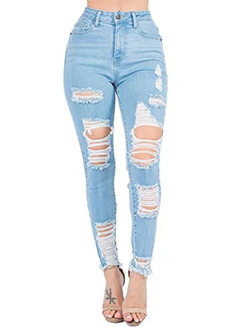 TwiinSisters Women's High Rise Stretch Destroyed Ripped Color Skinny Pants Jeans Multi Styles