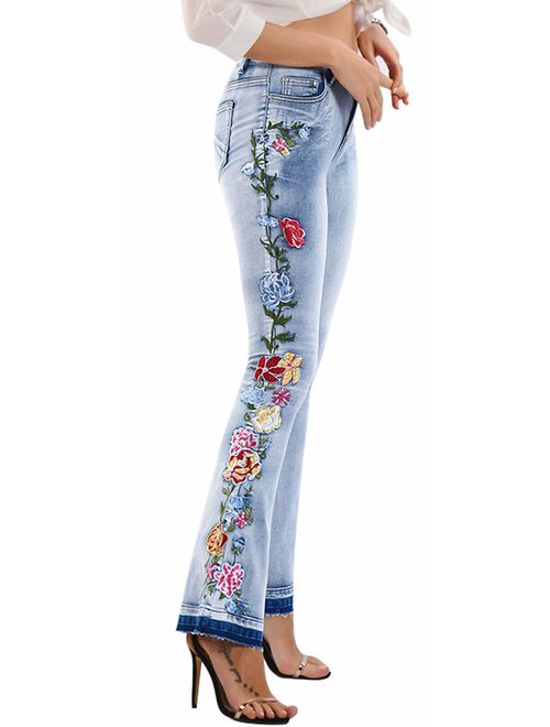 Chartou Womens Chic Floral Embroidered High-Rise Bell Bottom Flare Jeans Broad Feet Long Denim Pants