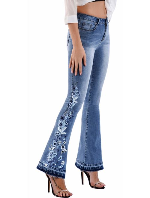 Chartou Womens Chic Floral Embroidered High-Rise Bell Bottom Flare Jeans Broad Feet Long Denim Pants