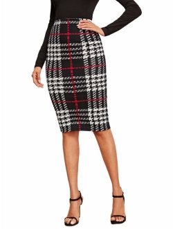 Women's Plaid Print High Waist Knee Length Bodycon Pencil Skirt