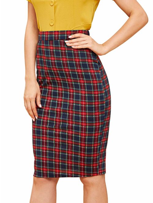 Floerns Women's Plaid Print High Waist Knee Length Bodycon Pencil Skirt