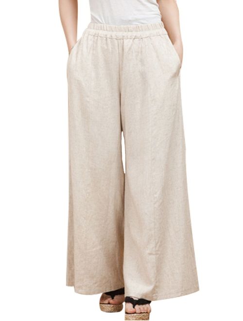 Mordenmiss Women's Linen Wide Leg Elastic Waistband Pants with Pockets