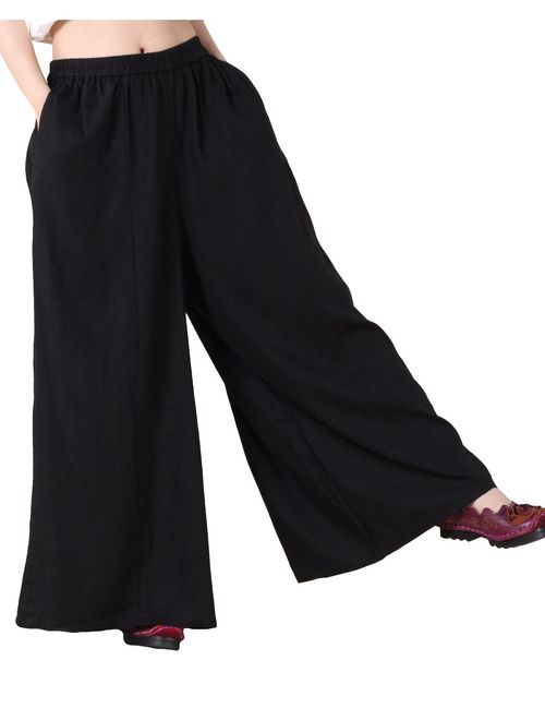 Mordenmiss Women's Linen Wide Leg Elastic Waistband Pants with Pockets