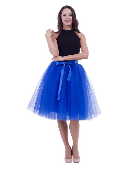 Women Tulle Skirt Adult 7 Layered Pleated Tutu Skirt A Line Knee Length Petticoat Girl Prom Party Skirt