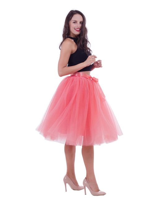 Women Tulle Skirt Adult 7 Layered Pleated Tutu Skirt A Line Knee Length Petticoat Girl Prom Party Skirt