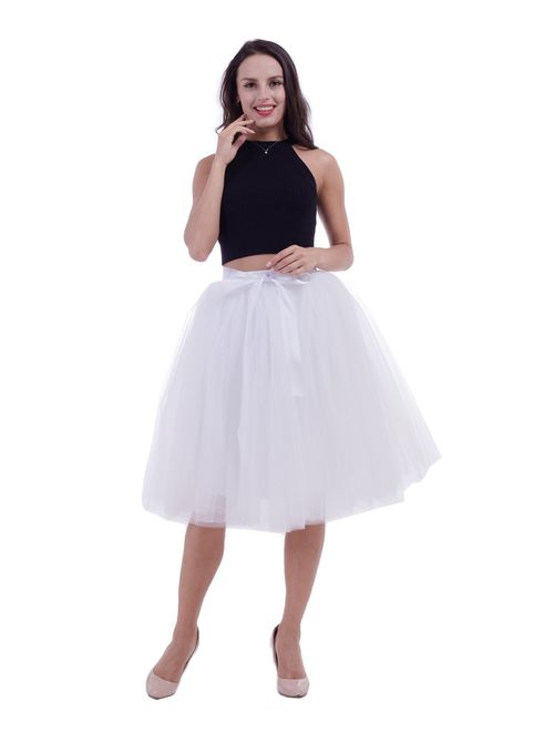 Women Tulle Skirt Adult 7 Layered Pleated Tutu Skirt A Line Knee Length Petticoat Girl Prom Party Skirt