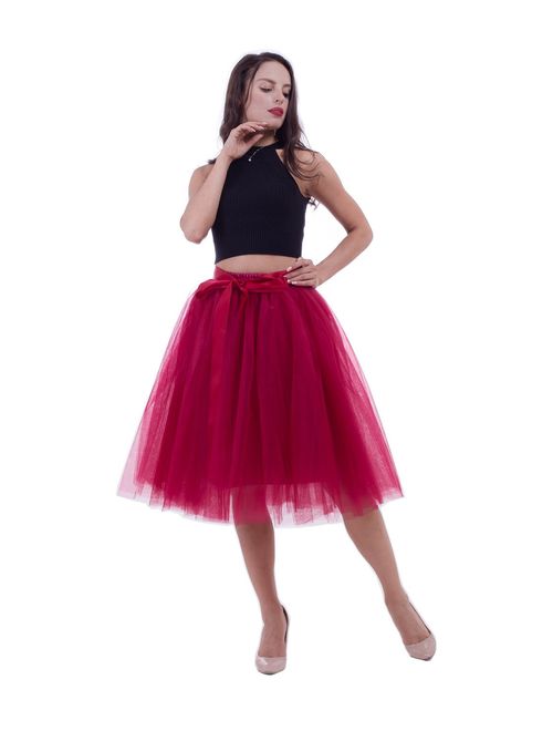 Women Tulle Skirt Adult 7 Layered Pleated Tutu Skirt A Line Knee Length Petticoat Girl Prom Party Skirt