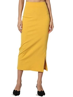 S~3XL High Waist Stretch Ponte Knit Mid Calf Long or Midi Pencil Skirt