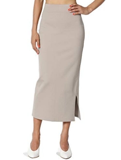 S~3XL High Waist Stretch Ponte Knit Mid Calf Long or Midi Pencil Skirt