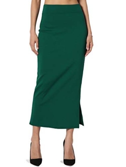 S~3XL High Waist Stretch Ponte Knit Mid Calf Long or Midi Pencil Skirt