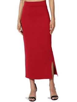 S~3XL High Waist Stretch Ponte Knit Mid Calf Long or Midi Pencil Skirt