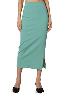 S~3XL High Waist Stretch Ponte Knit Mid Calf Long or Midi Pencil Skirt