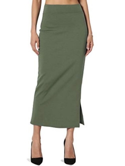 S~3XL High Waist Stretch Ponte Knit Mid Calf Long or Midi Pencil Skirt