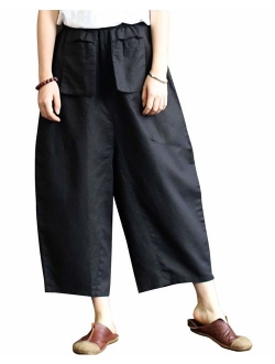 Aeneontrue Women's Casual Linen Pants Wide Leg Trousers with Elastic Waist