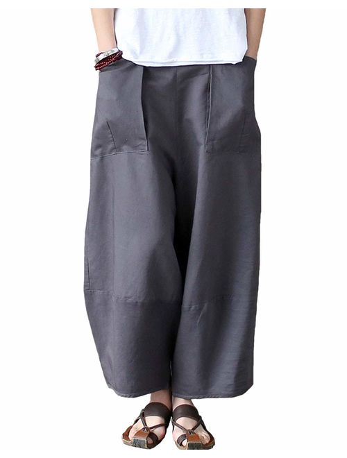 Aeneontrue Women's Casual Linen Pants Wide Leg Trousers with Elastic Waist