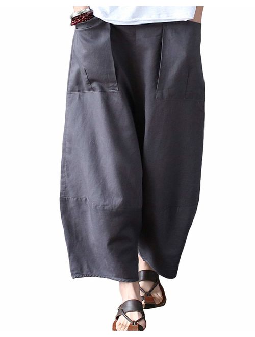 Aeneontrue Women's Casual Linen Pants Wide Leg Trousers with Elastic Waist