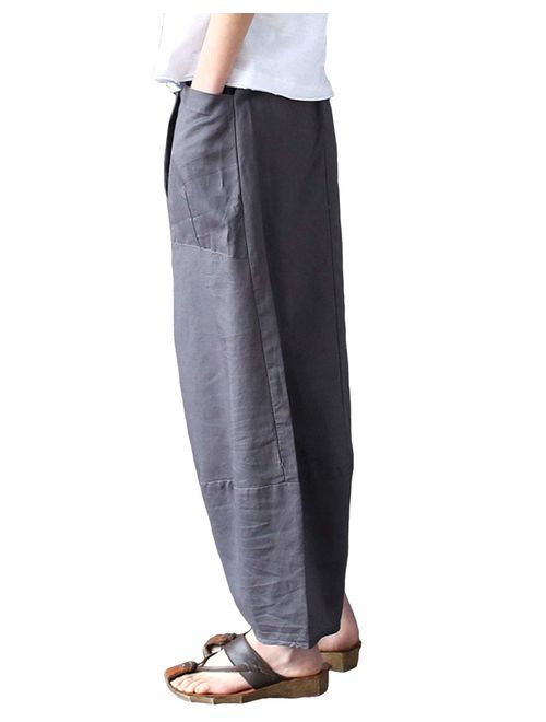 Aeneontrue Women's Casual Linen Pants Wide Leg Trousers with Elastic Waist