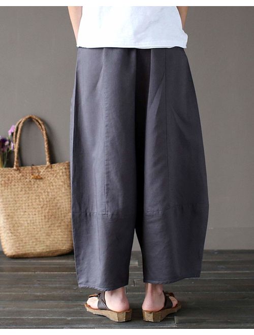 Aeneontrue Women's Casual Linen Pants Wide Leg Trousers with Elastic Waist