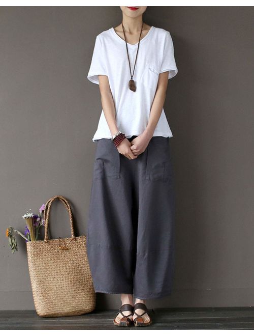 Aeneontrue Women's Casual Linen Pants Wide Leg Trousers with Elastic Waist