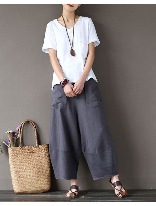 Aeneontrue Women's Casual Linen Pants Wide Leg Trousers with Elastic Waist