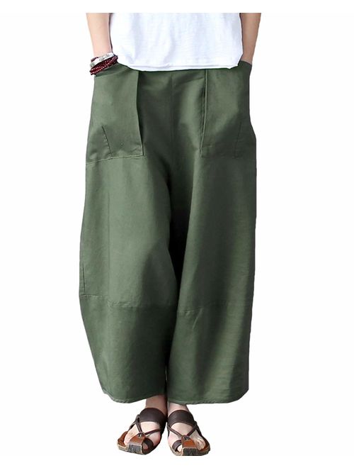 Aeneontrue Women's Casual Linen Pants Wide Leg Trousers with Elastic Waist