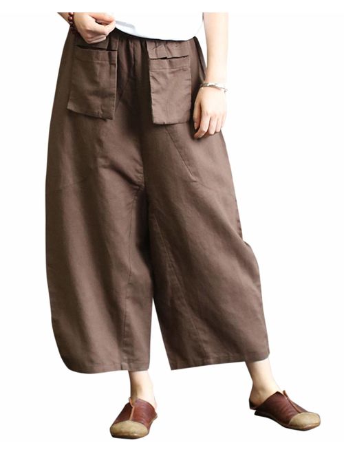 Aeneontrue Women's Casual Linen Pants Wide Leg Trousers with Elastic Waist