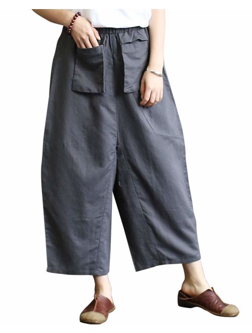 Aeneontrue Women's Casual Linen Pants Wide Leg Trousers with Elastic Waist