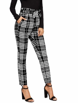 Women's Plaid Print Pants Self Tie Belt Soft Skinny Basic Leggings